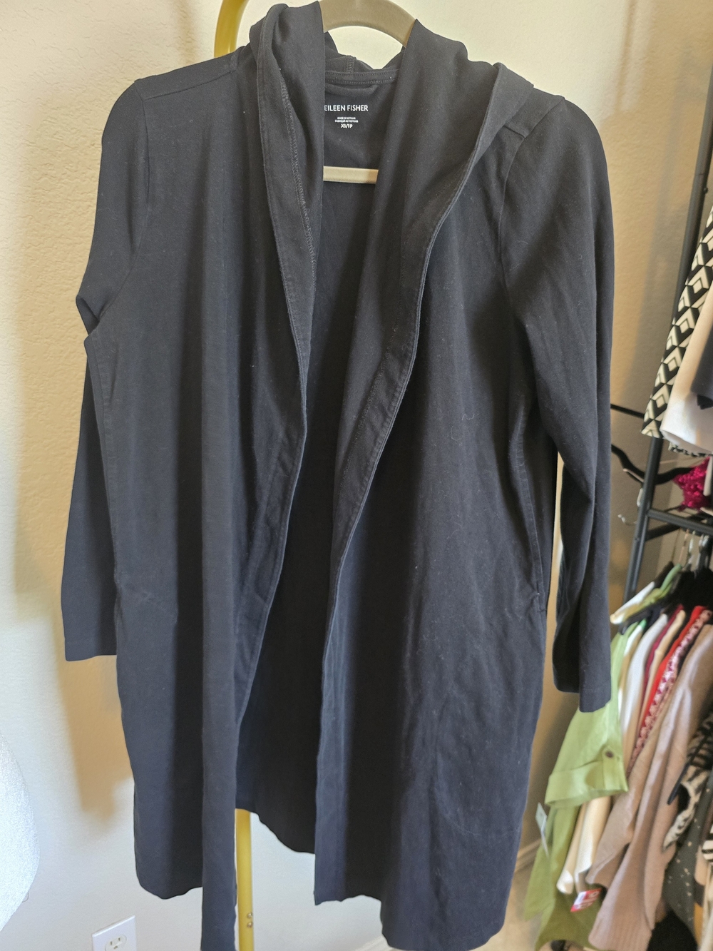 Eileen Fisher Black Open-Front Hooded Cardigan